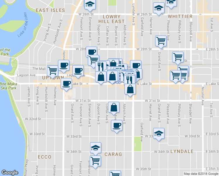 map of restaurants, bars, coffee shops, grocery stores, and more near 3046 Bryant Avenue South in Minneapolis