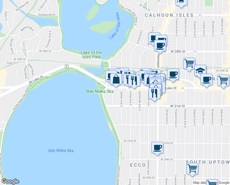 map of restaurants, bars, coffee shops, grocery stores, and more near 3025 Knox Avenue South in Minneapolis
