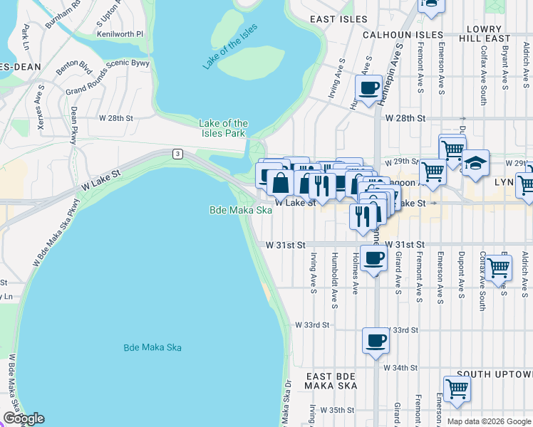 map of restaurants, bars, coffee shops, grocery stores, and more near 3025 Knox Avenue South in Minneapolis