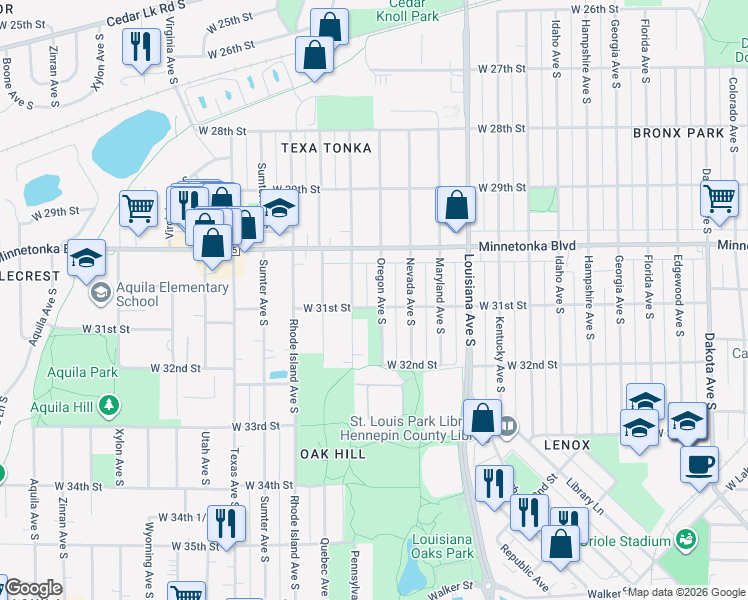 map of restaurants, bars, coffee shops, grocery stores, and more near 3100 Oregon Avenue South in St. Louis Park