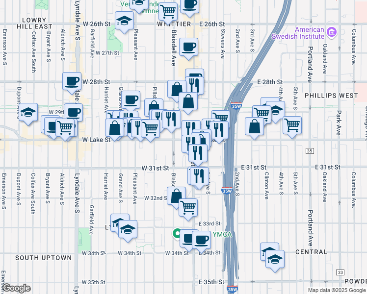 map of restaurants, bars, coffee shops, grocery stores, and more near 1 West Lake Street in Minneapolis