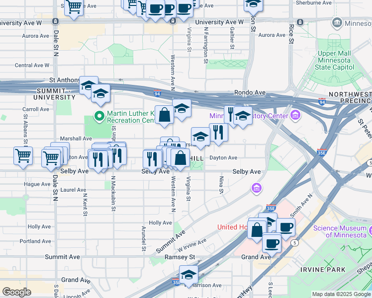 map of restaurants, bars, coffee shops, grocery stores, and more near 377 Dayton Avenue in Saint Paul