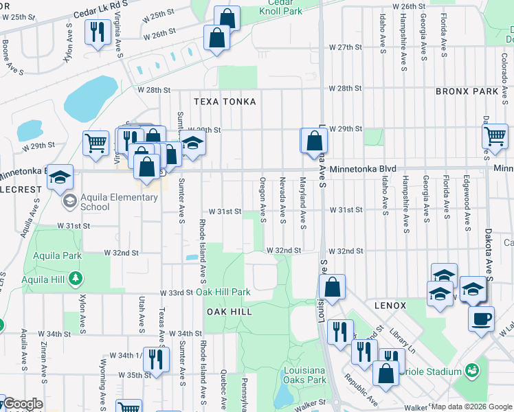map of restaurants, bars, coffee shops, grocery stores, and more near 3100 Oregon Avenue South in St. Louis Park