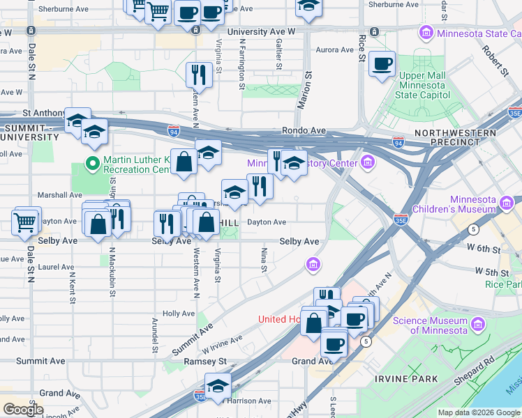 map of restaurants, bars, coffee shops, grocery stores, and more near 301 Dayton Avenue in Saint Paul