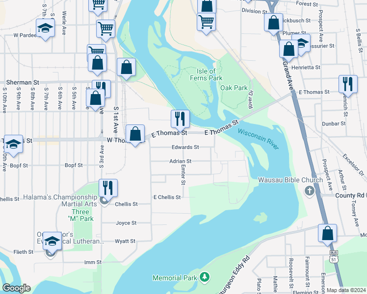 map of restaurants, bars, coffee shops, grocery stores, and more near 1199 Emter Street in Wausau