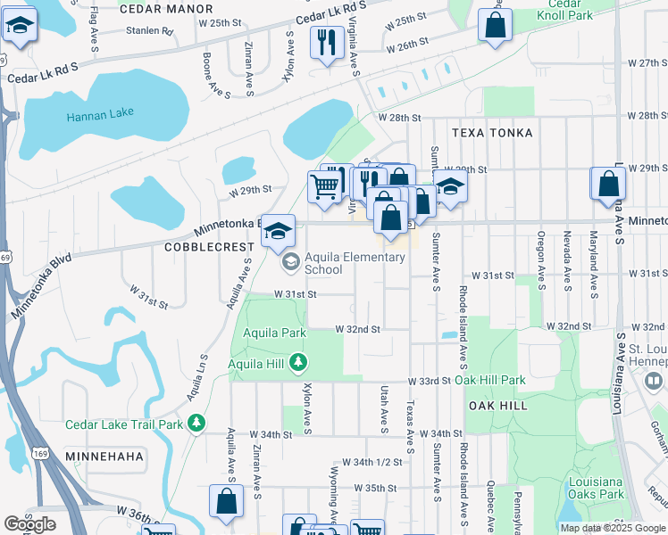 map of restaurants, bars, coffee shops, grocery stores, and more near 8217 West 30 1/2 Street in Minneapolis