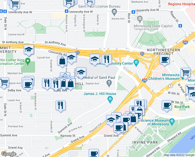 map of restaurants, bars, coffee shops, grocery stores, and more near 262 Marshall Ave in St Paul