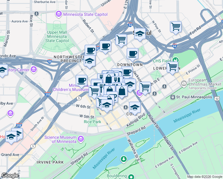 map of restaurants, bars, coffee shops, grocery stores, and more near 444 Cedar Street in Saint Paul