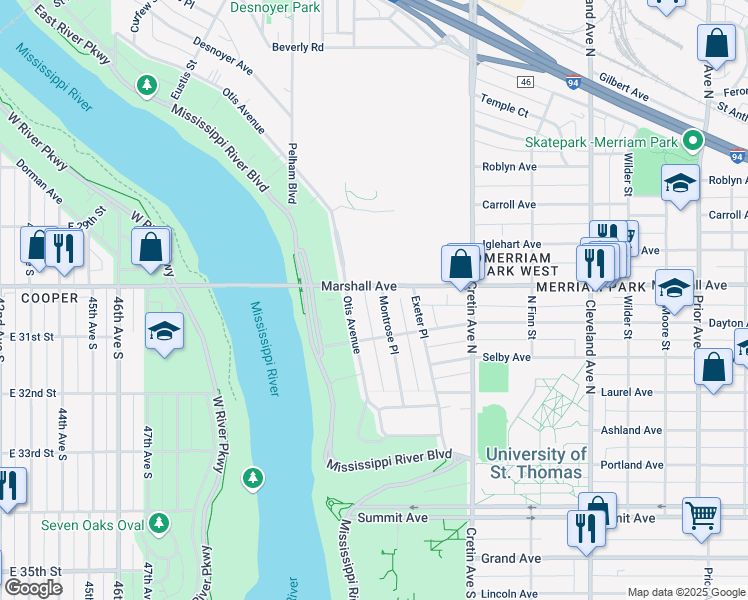 map of restaurants, bars, coffee shops, grocery stores, and more near 203 Montrose Place in Saint Paul