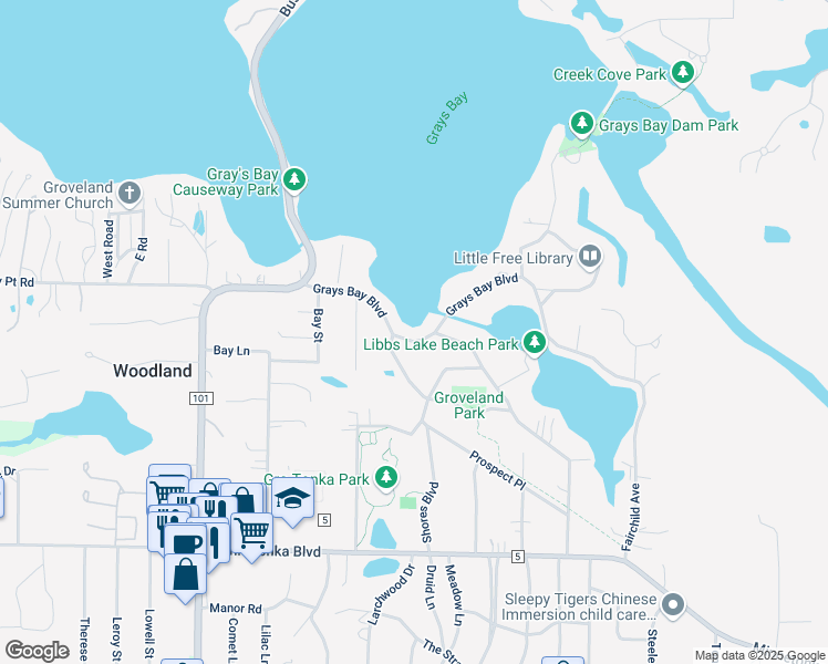 map of restaurants, bars, coffee shops, grocery stores, and more near 16926 Grays Bay Boulevard in Wayzata