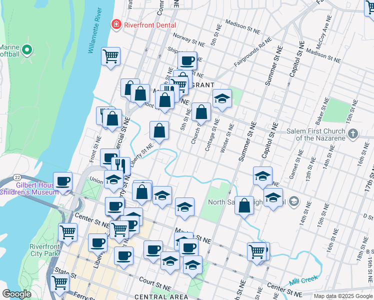 map of restaurants, bars, coffee shops, grocery stores, and more near 905 Church Street Northeast in Salem