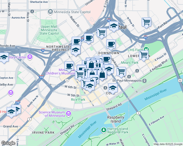 map of restaurants, bars, coffee shops, grocery stores, and more near 444 Cedar Street in Saint Paul