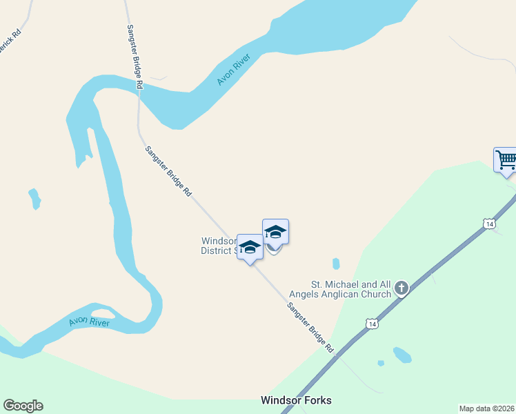 map of restaurants, bars, coffee shops, grocery stores, and more near 150 Sangster Bridge Road in Windsor