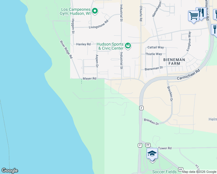 map of restaurants, bars, coffee shops, grocery stores, and more near 1533 Southpoint Drive in Hudson