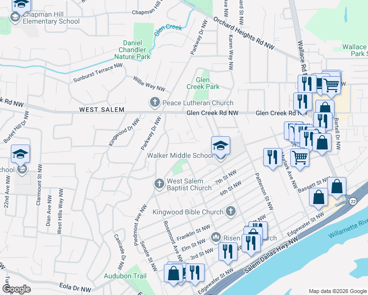 map of restaurants, bars, coffee shops, grocery stores, and more near 1033 Arthur Way Northwest in Salem