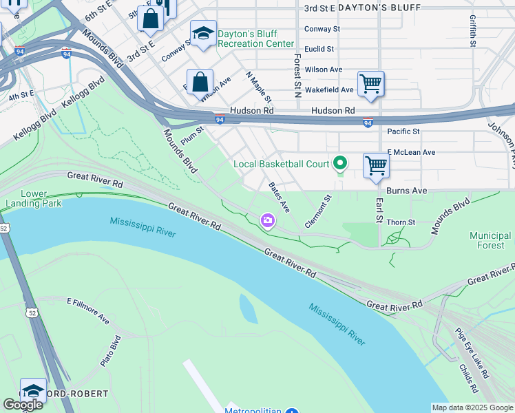 map of restaurants, bars, coffee shops, grocery stores, and more near 62 Mounds Boulevard in Saint Paul