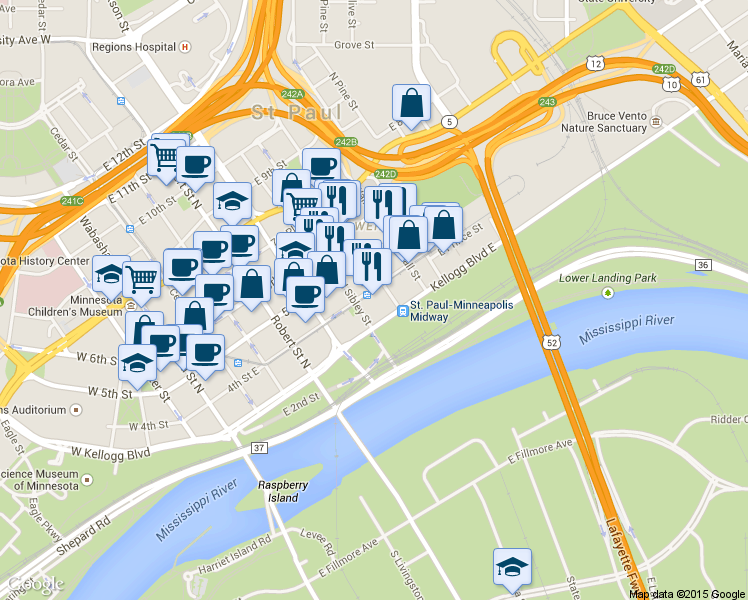 map of restaurants, bars, coffee shops, grocery stores, and more near 195 Kellogg Boulevard in Saint Paul