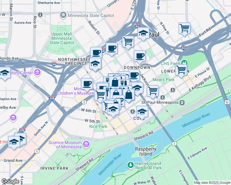 map of restaurants, bars, coffee shops, grocery stores, and more near 400 Wabasha Street North in Saint Paul