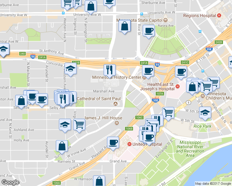 map of restaurants, bars, coffee shops, grocery stores, and more near 231 Dayton Avenue in Saint Paul
