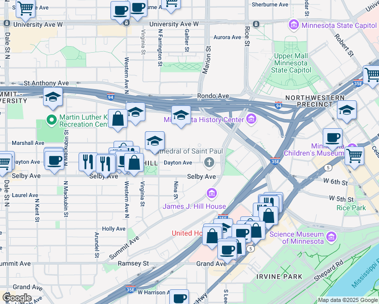 map of restaurants, bars, coffee shops, grocery stores, and more near 265 Dayton Avenue in Saint Paul