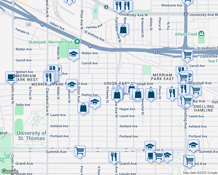map of restaurants, bars, coffee shops, grocery stores, and more near 1845 Dayton Avenue in Saint Paul