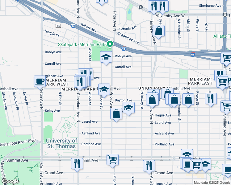 map of restaurants, bars, coffee shops, grocery stores, and more near 1921 Dayton Avenue in Saint Paul