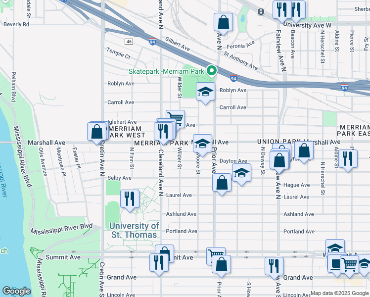 map of restaurants, bars, coffee shops, grocery stores, and more near 2023 Dayton Avenue in Saint Paul