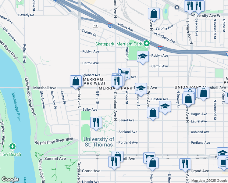 map of restaurants, bars, coffee shops, grocery stores, and more near 201 Cleveland Avenue North in Saint Paul