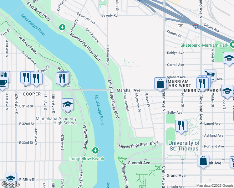 map of restaurants, bars, coffee shops, grocery stores, and more near 220 North Mississippi River Boulevard in Saint Paul