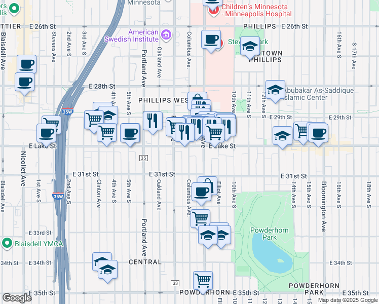 map of restaurants, bars, coffee shops, grocery stores, and more near 3030 Columbus Avenue in Minneapolis