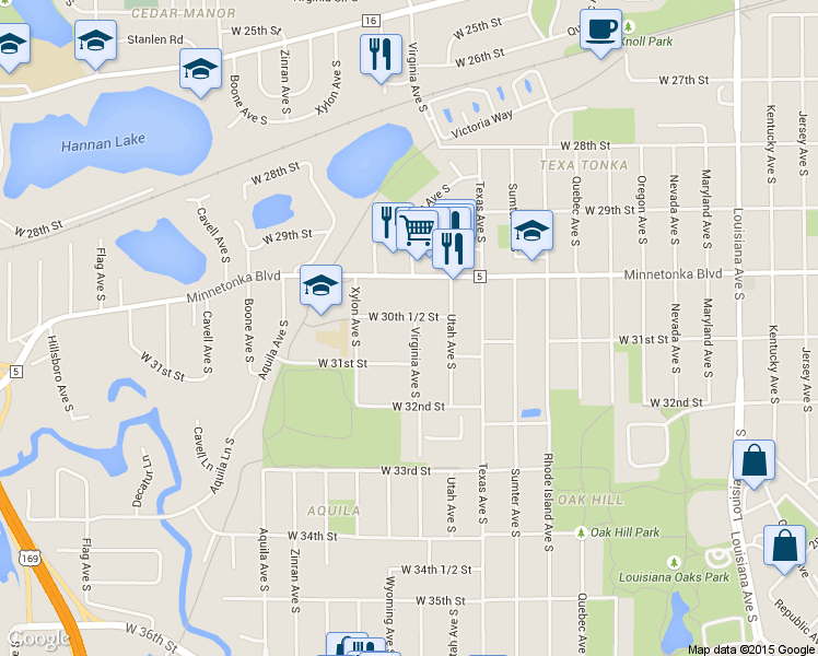 map of restaurants, bars, coffee shops, grocery stores, and more near 3035 Virginia Avenue South in St. Louis Park