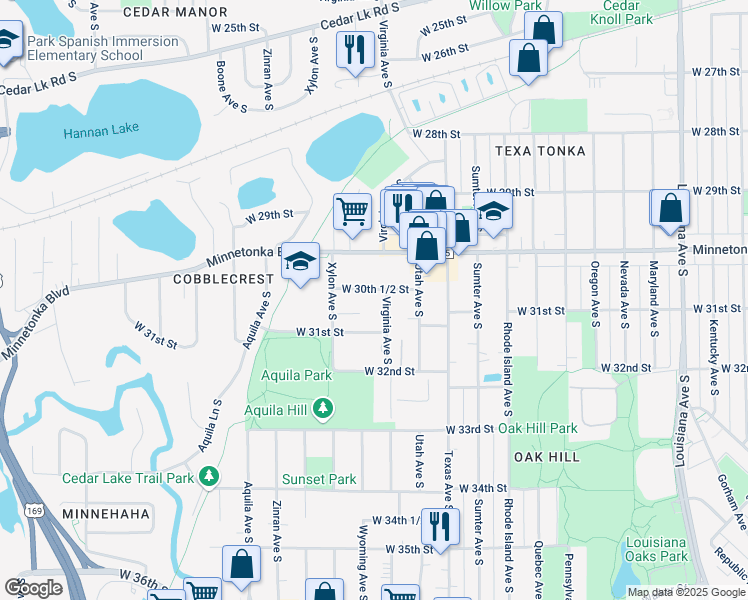 map of restaurants, bars, coffee shops, grocery stores, and more near 3035 Virginia Avenue South in St. Louis Park