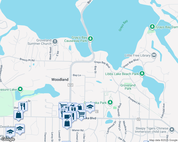 map of restaurants, bars, coffee shops, grocery stores, and more near 3001 Groveland School Road in Wayzata