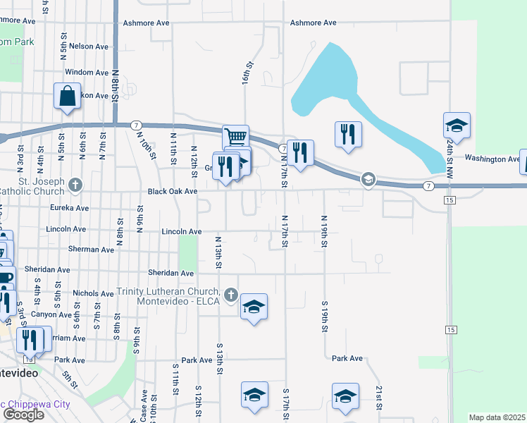 map of restaurants, bars, coffee shops, grocery stores, and more near 1607 Lincoln Avenue in Montevideo