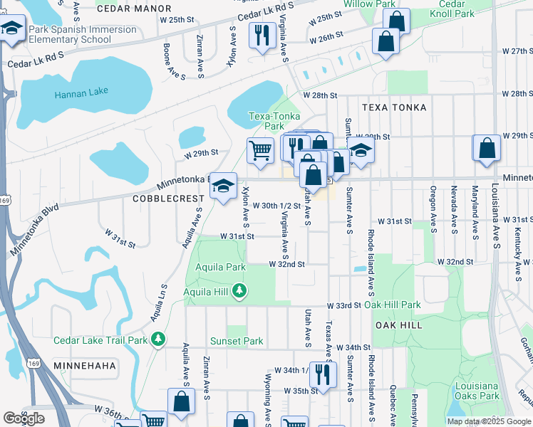 map of restaurants, bars, coffee shops, grocery stores, and more near 3035 Virginia Avenue South in St. Louis Park