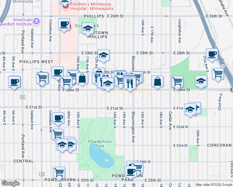 map of restaurants, bars, coffee shops, grocery stores, and more near 1405 East Lake Street in Minneapolis