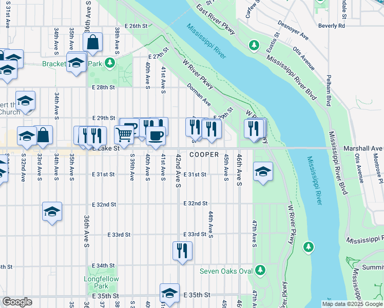 map of restaurants, bars, coffee shops, grocery stores, and more near 3020 43rd Avenue South in Minneapolis
