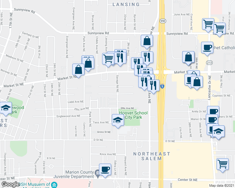 map of restaurants, bars, coffee shops, grocery stores, and more near 1617 Savage Road Northeast in Salem