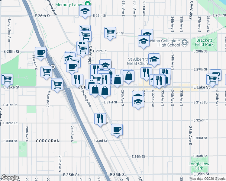map of restaurants, bars, coffee shops, grocery stores, and more near 2805 East Lake Street in Minneapolis