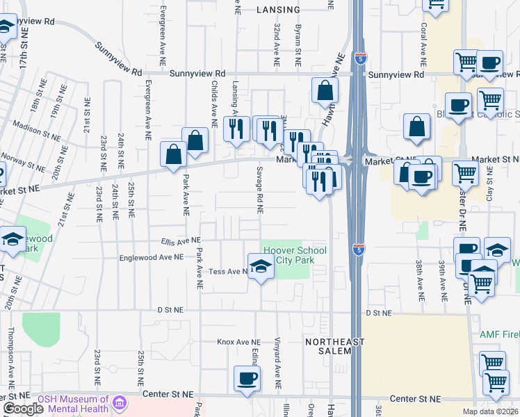 map of restaurants, bars, coffee shops, grocery stores, and more near 1619 Savage Road Northeast in Salem