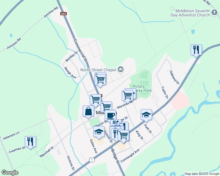 map of restaurants, bars, coffee shops, grocery stores, and more near 166 Commercial Street in Middleton