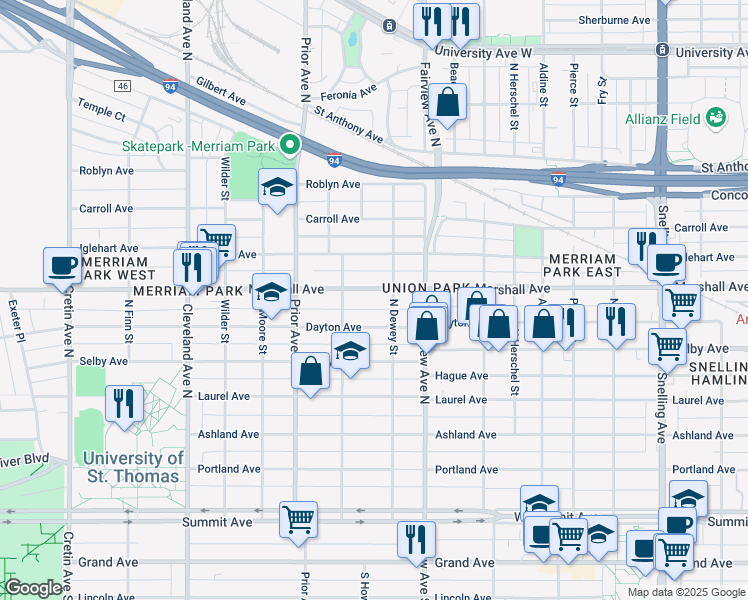 map of restaurants, bars, coffee shops, grocery stores, and more near 1885 Dayton Avenue in Saint Paul