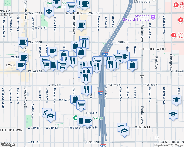 map of restaurants, bars, coffee shops, grocery stores, and more near 73 East Lake Street in Minneapolis