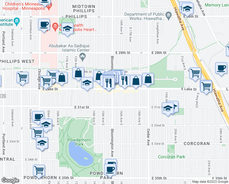 map of restaurants, bars, coffee shops, grocery stores, and more near 1527 East Lake Street in Minneapolis