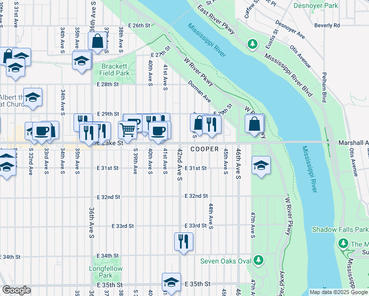 map of restaurants, bars, coffee shops, grocery stores, and more near 3020 42nd Avenue South in Minneapolis