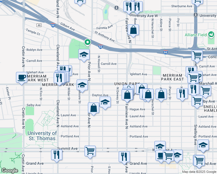 map of restaurants, bars, coffee shops, grocery stores, and more near 1880 Marshall Avenue in Saint Paul