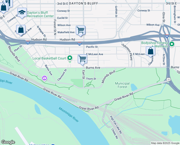 map of restaurants, bars, coffee shops, grocery stores, and more near 225 Frank Street in Saint Paul