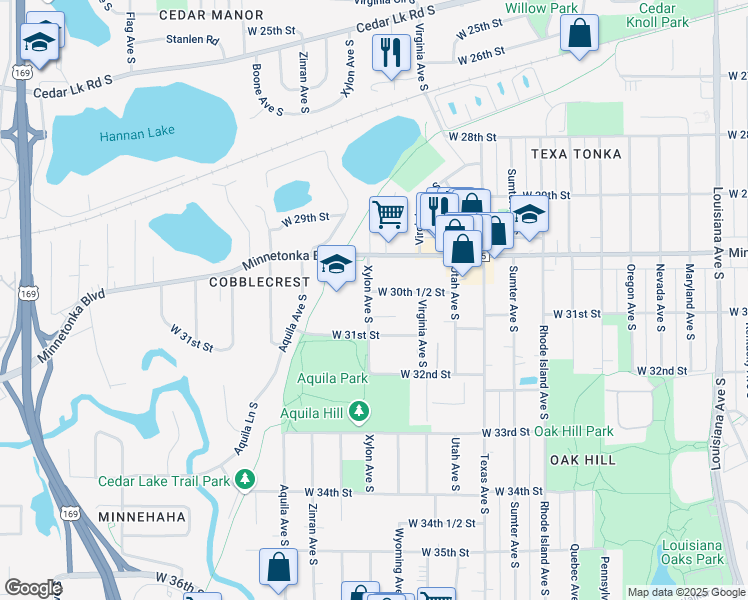map of restaurants, bars, coffee shops, grocery stores, and more near 3033 Xylon Avenue South in Minneapolis