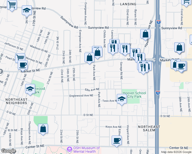 map of restaurants, bars, coffee shops, grocery stores, and more near 1507 East Park Avenue Northeast in Salem