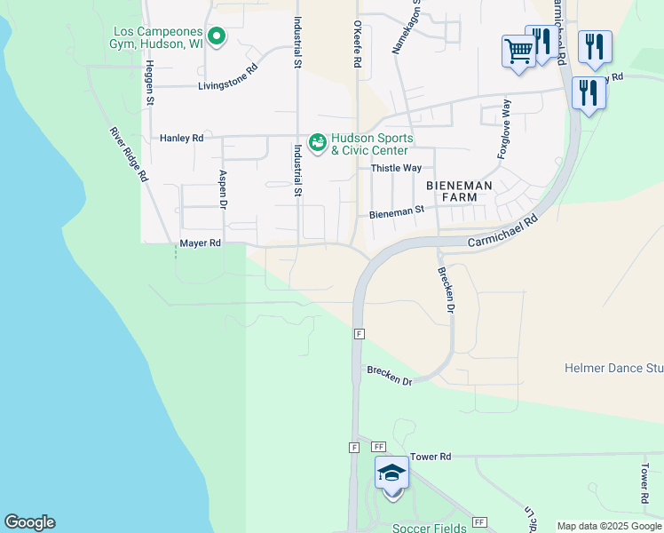 map of restaurants, bars, coffee shops, grocery stores, and more near 1501 Southpoint Drive in Hudson